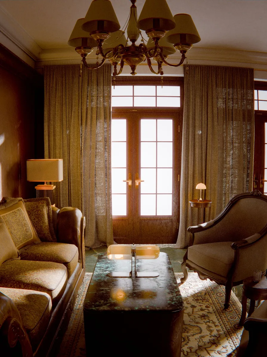 Neutral living room with tall windows dressed in linen curtains