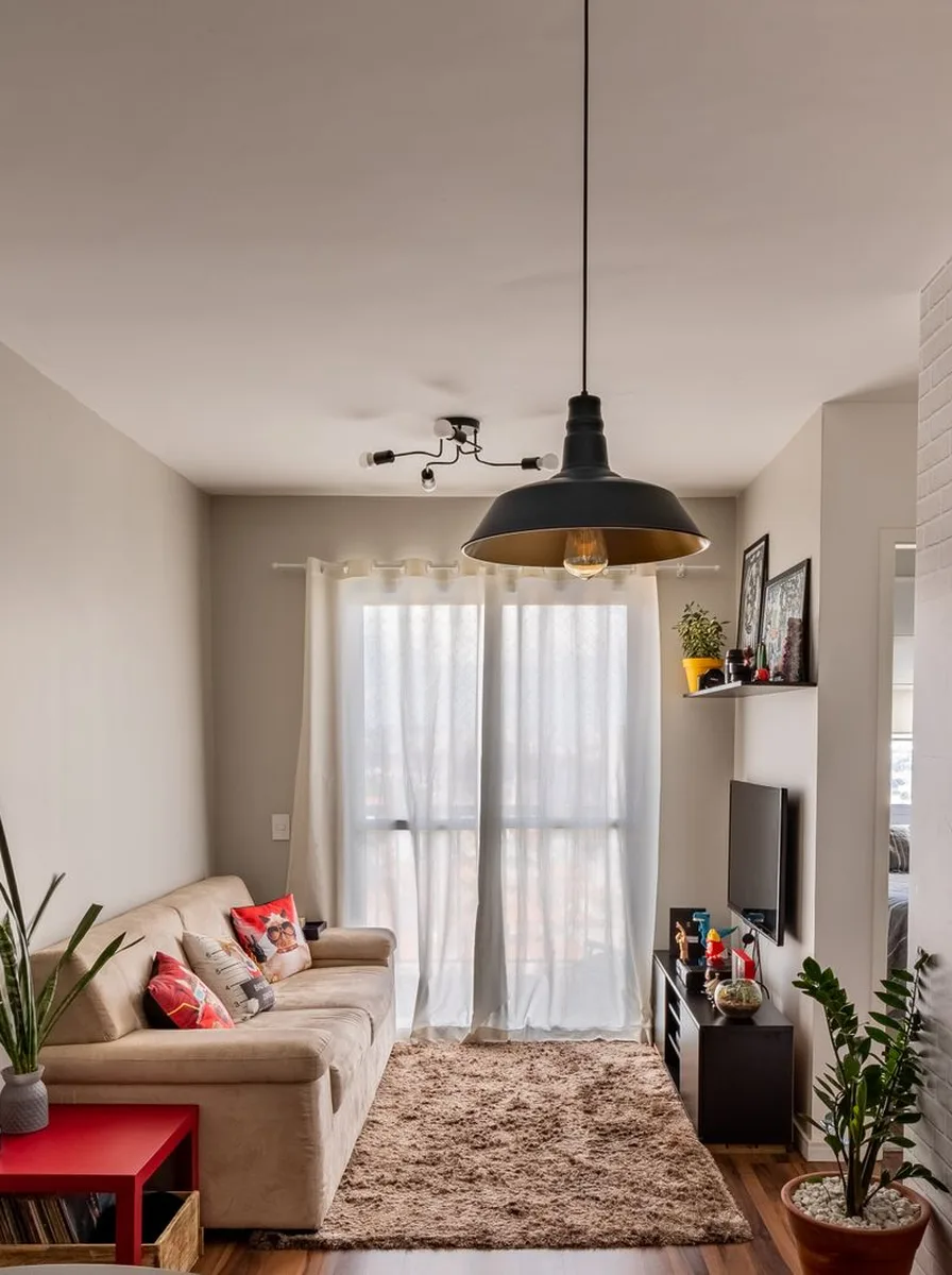 Neutral living room with one oversized framed art piece on the wall