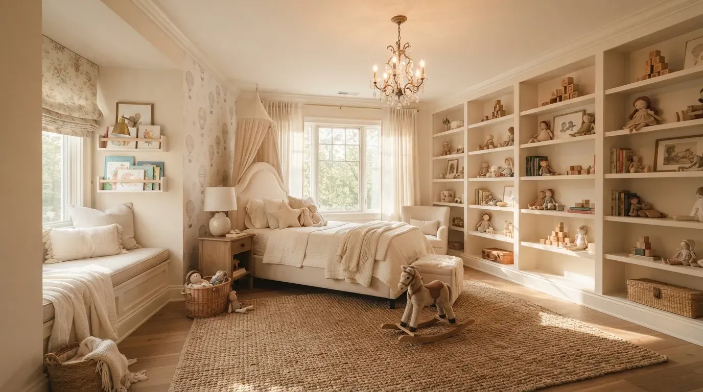 A bright luxury kids bedroom with neutral tones, chandelier, and reading nook