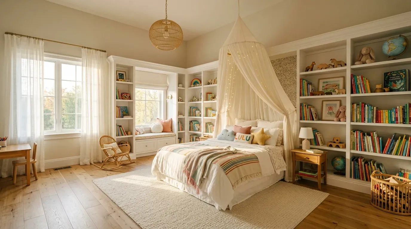 Bright luxury children's bedroom with canopy bed, bookshelves, and golden pendant light