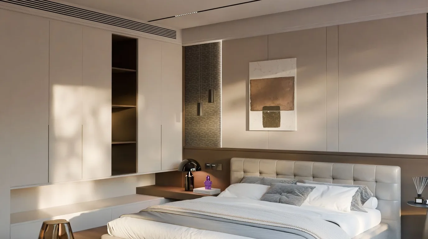 Bright minimalist bedroom with white bedding and clean modern lines