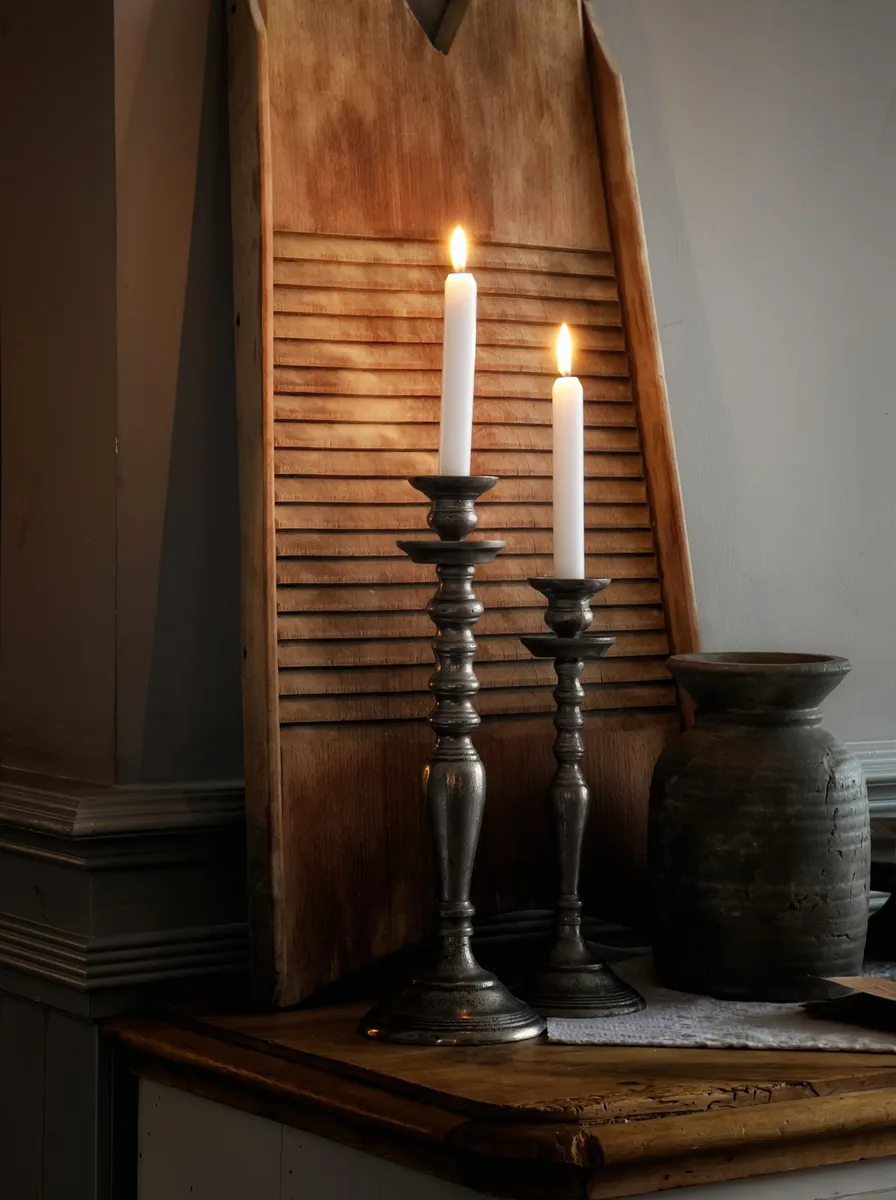 Brass and glass modern candle holders paired on a marble side table