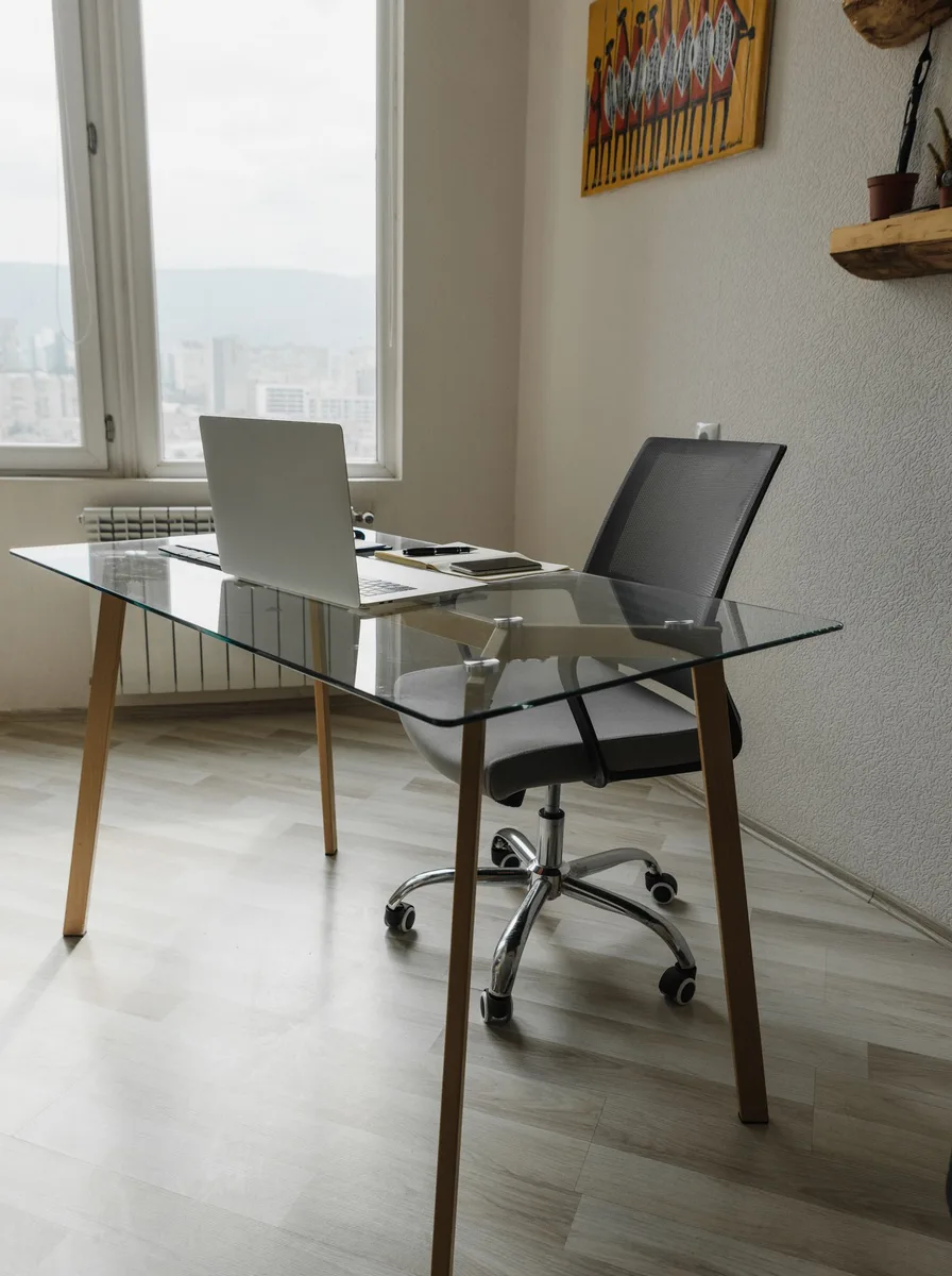 Modern workspace with textured rug and plants around a designer chair