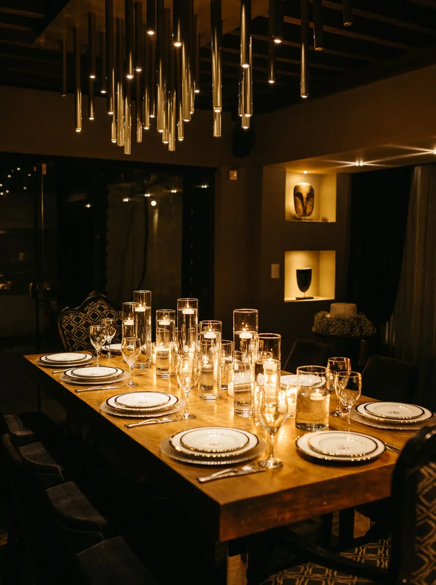 Dark dining room with hanging candle-style pendant lights over a wooden table