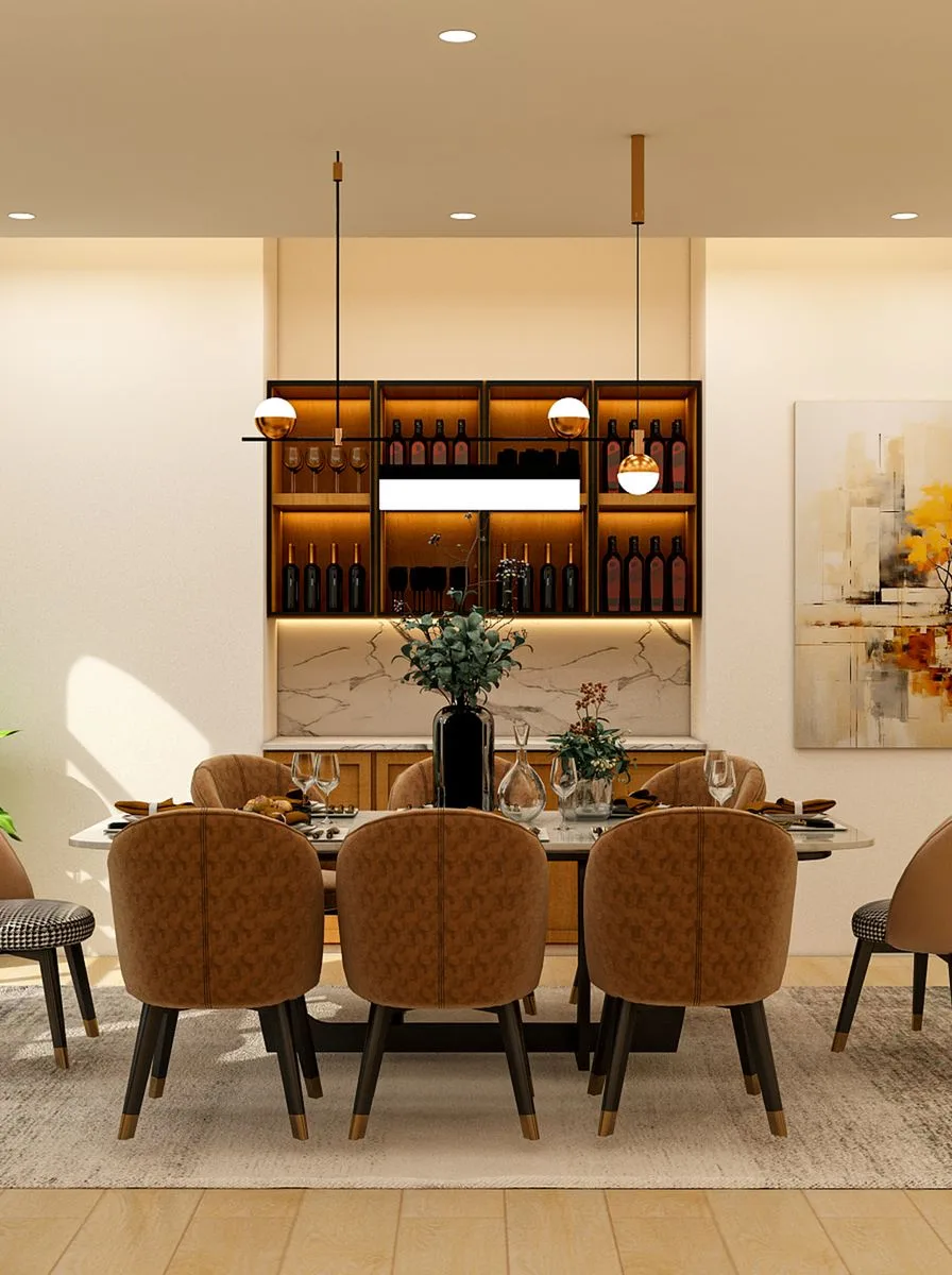 Dining room with a dark wood backlit shelving wall and tan leather chairs