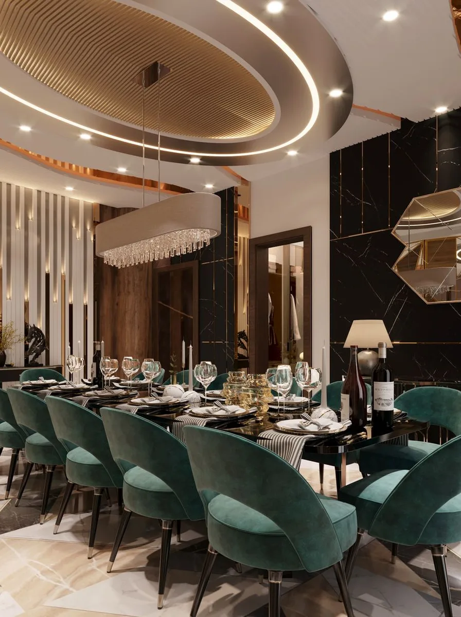 Luxury dining room with oval coffered ceiling and emerald velvet chairs