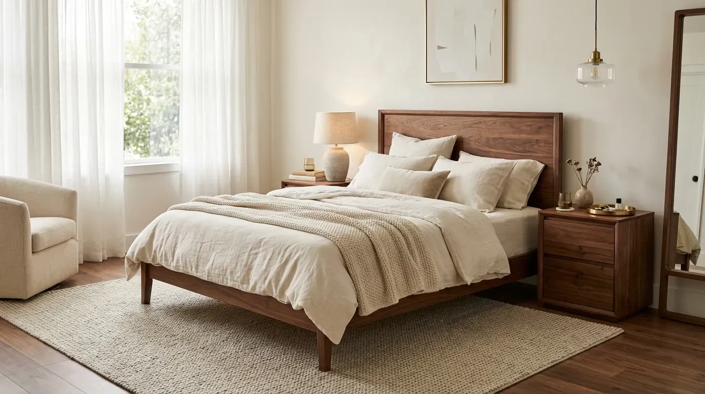 Luxurious modern wooden bed styled with cream bedding in a warm contemporary bedroom