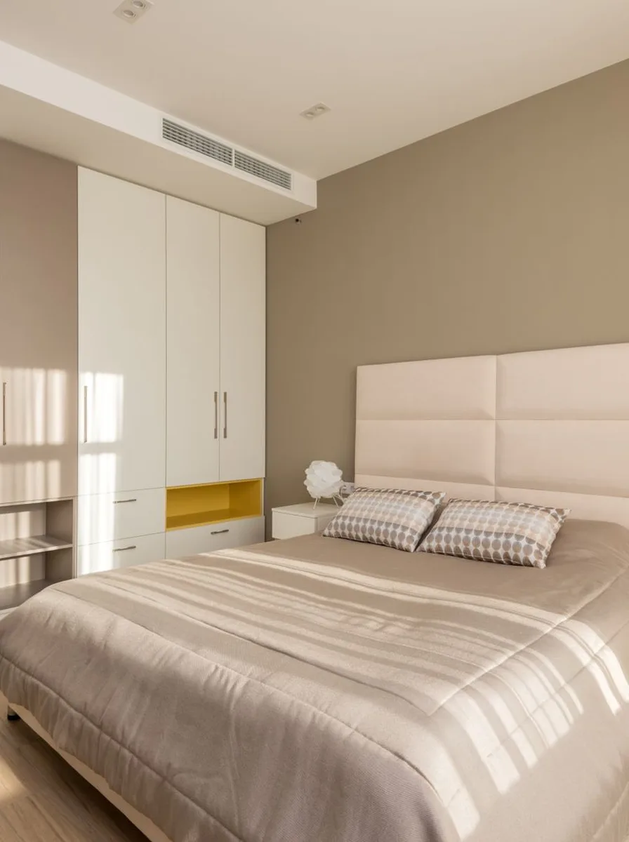 Beige bedroom with white wardrobe