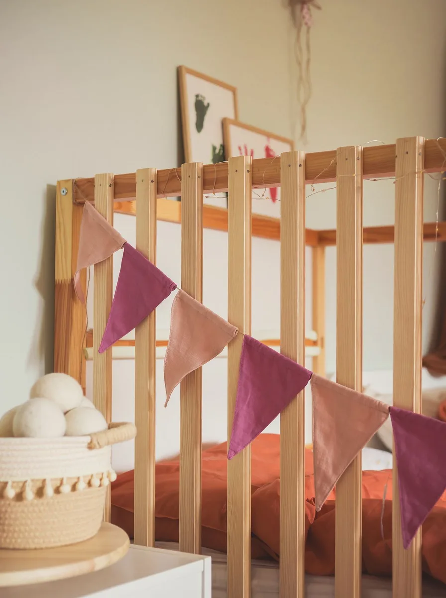 Wooden crib decorated with pink bunting