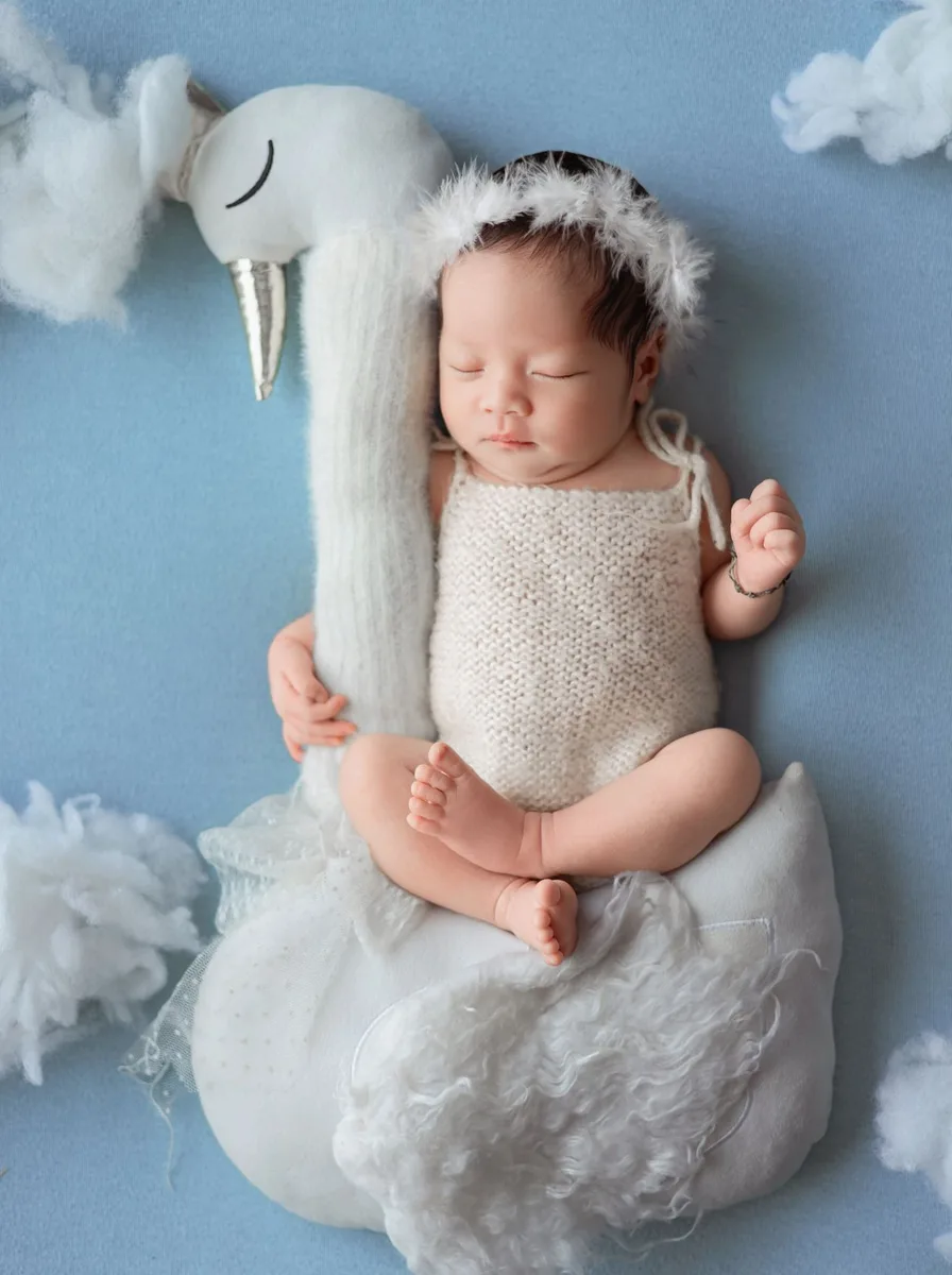 Newborn baby lying on a white swan plush