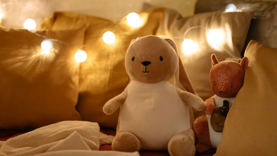 Bunny plush with warm fairy lights in a dreamy nursery