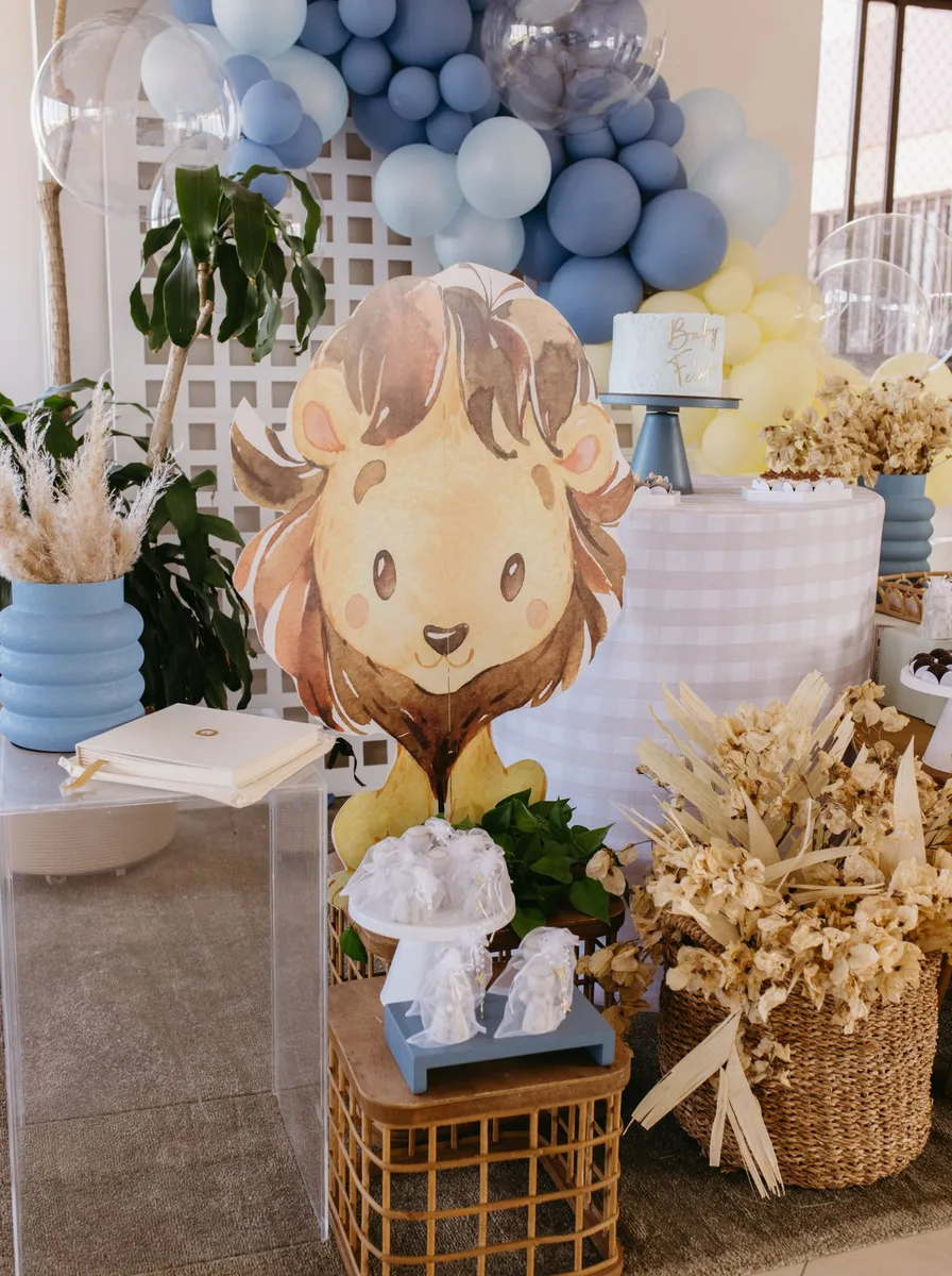 Lion themed party decorations in a nursery