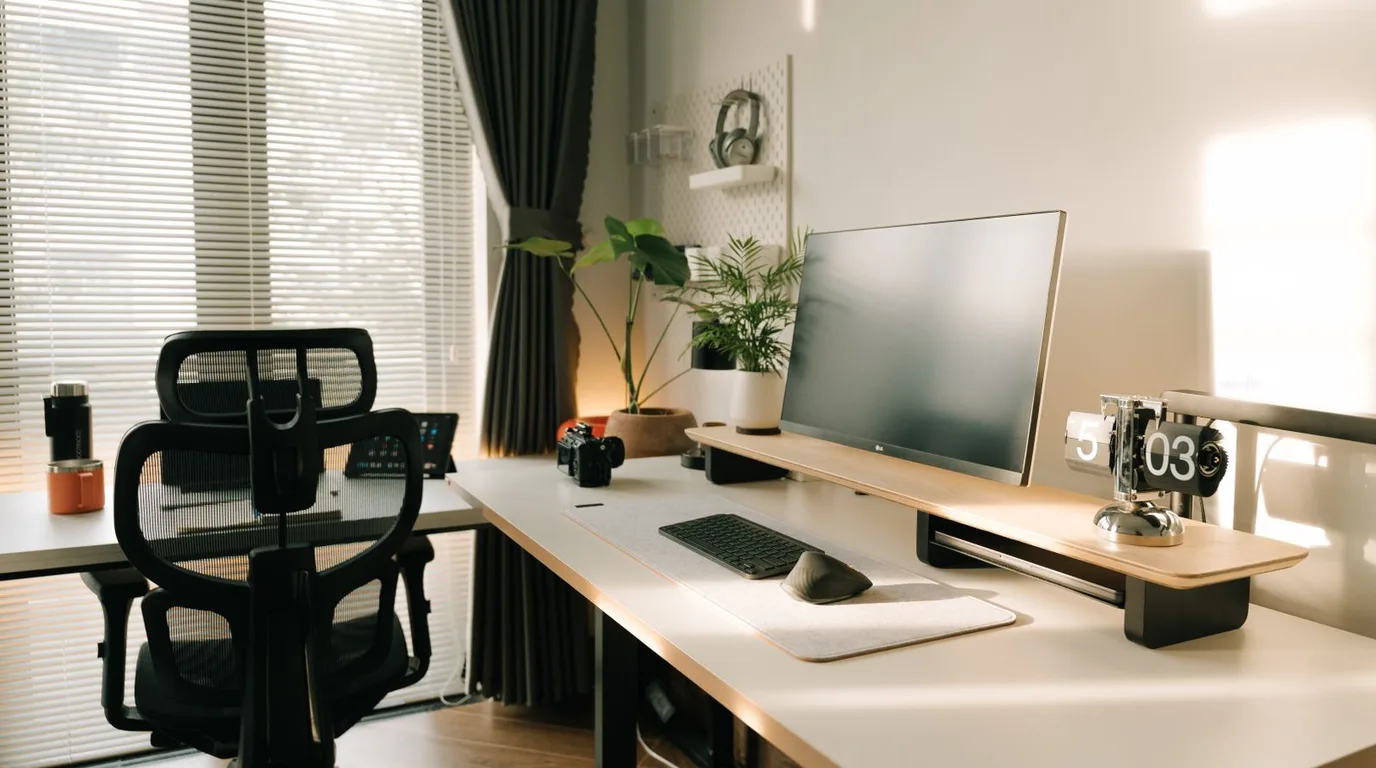 Well-arranged office chair setup with desk and monitor in a home office