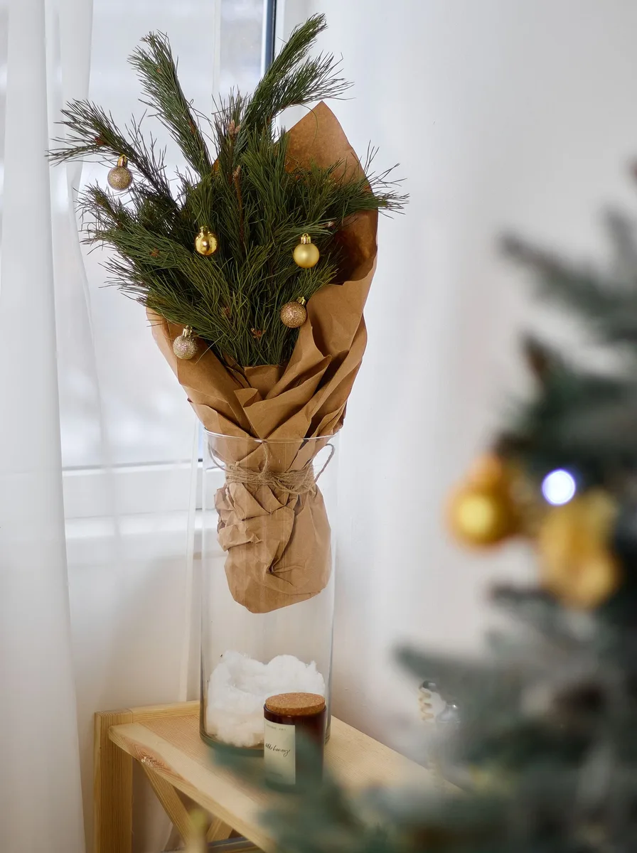 Pine bouquet wrapped in kraft paper