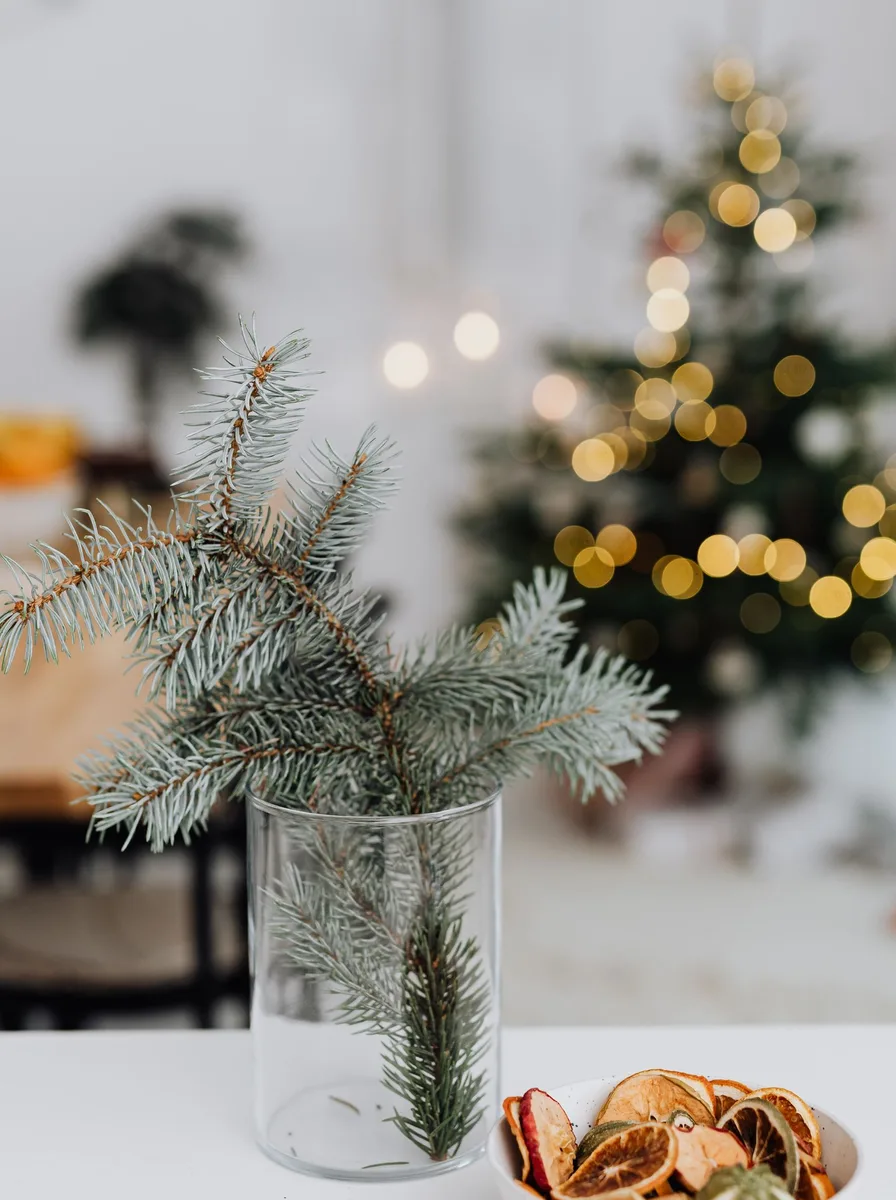Pine sprigs in a glass vase with a blurred Christmas tree