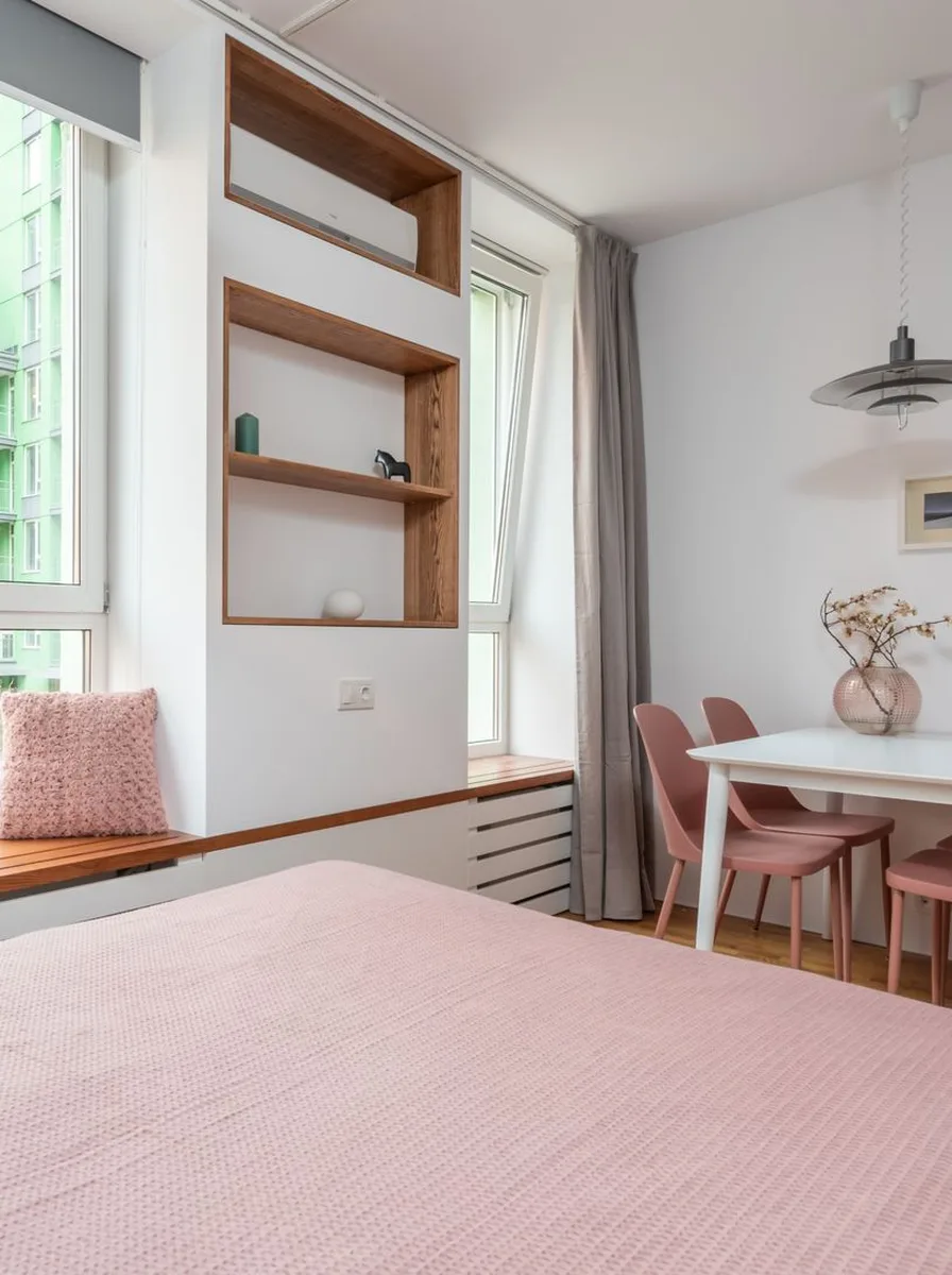 Nesting tables stacked beside small sofa in tiny living room