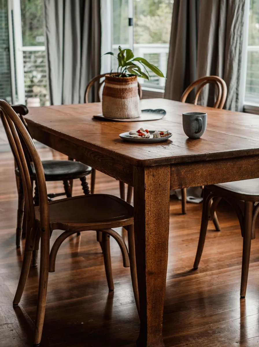 Warm dining room with framed pictures on a wood wall and bentwood chairs