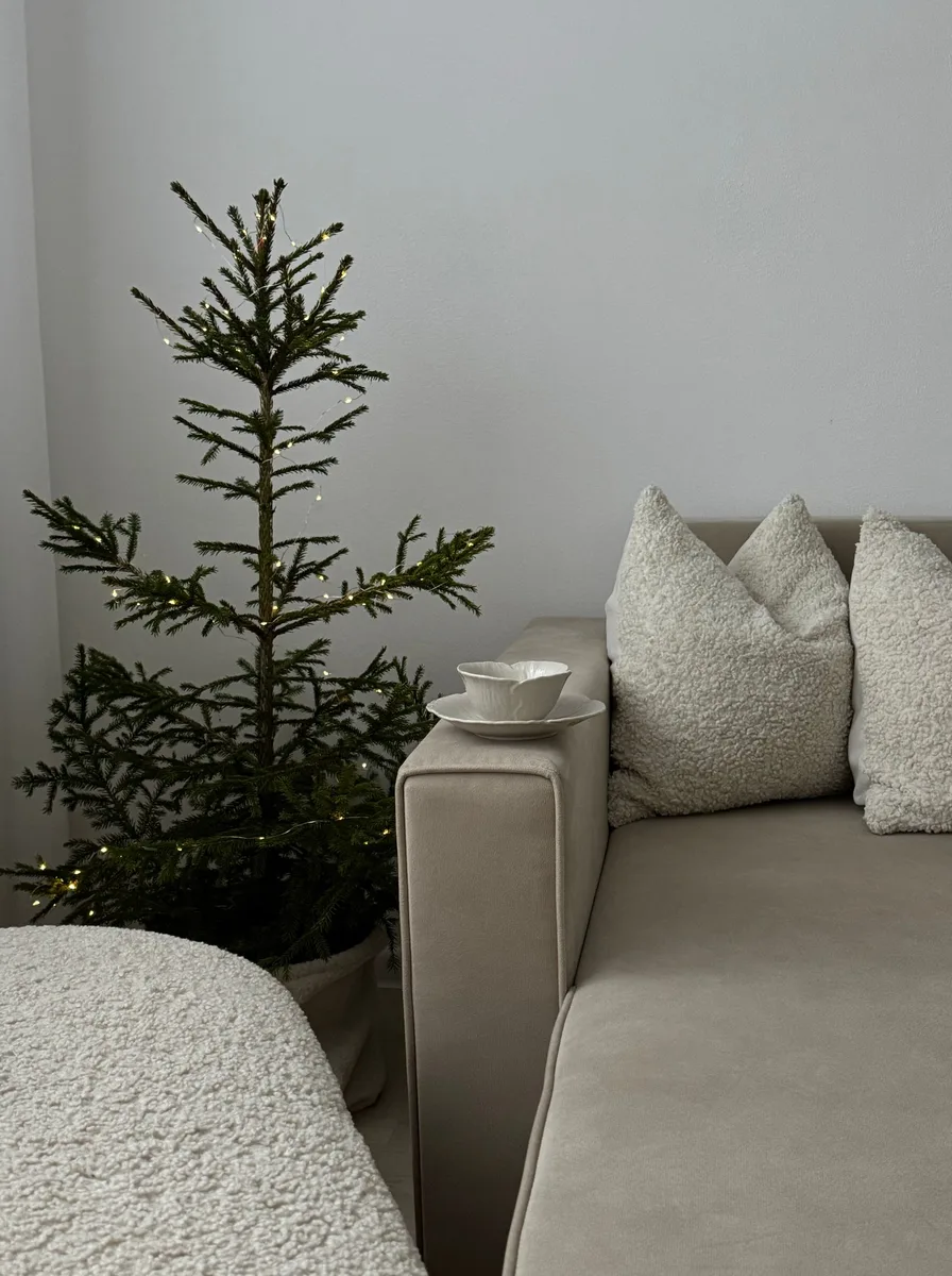 Small Christmas tree beside a grey sofa
