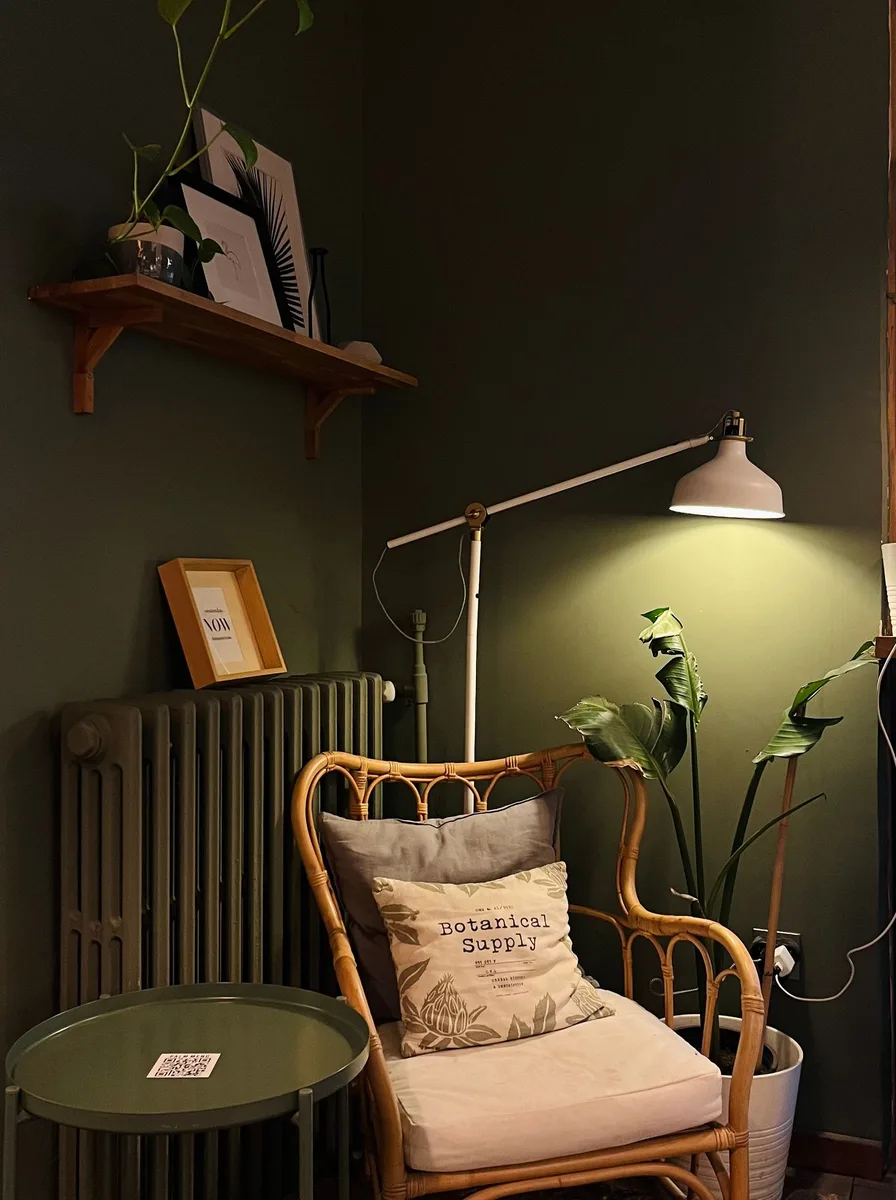 Small living room with storage ottoman doing double duty