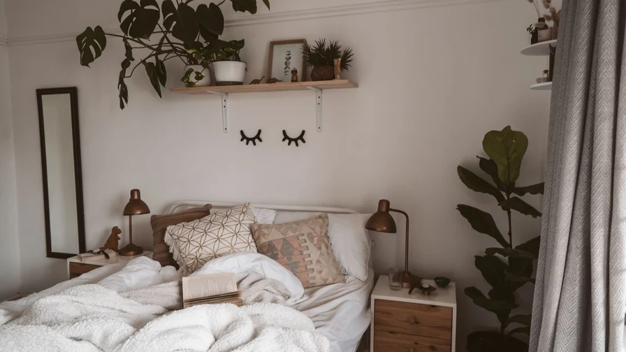 Cozy teen bedroom with warm lighting layered bedding and soft textures