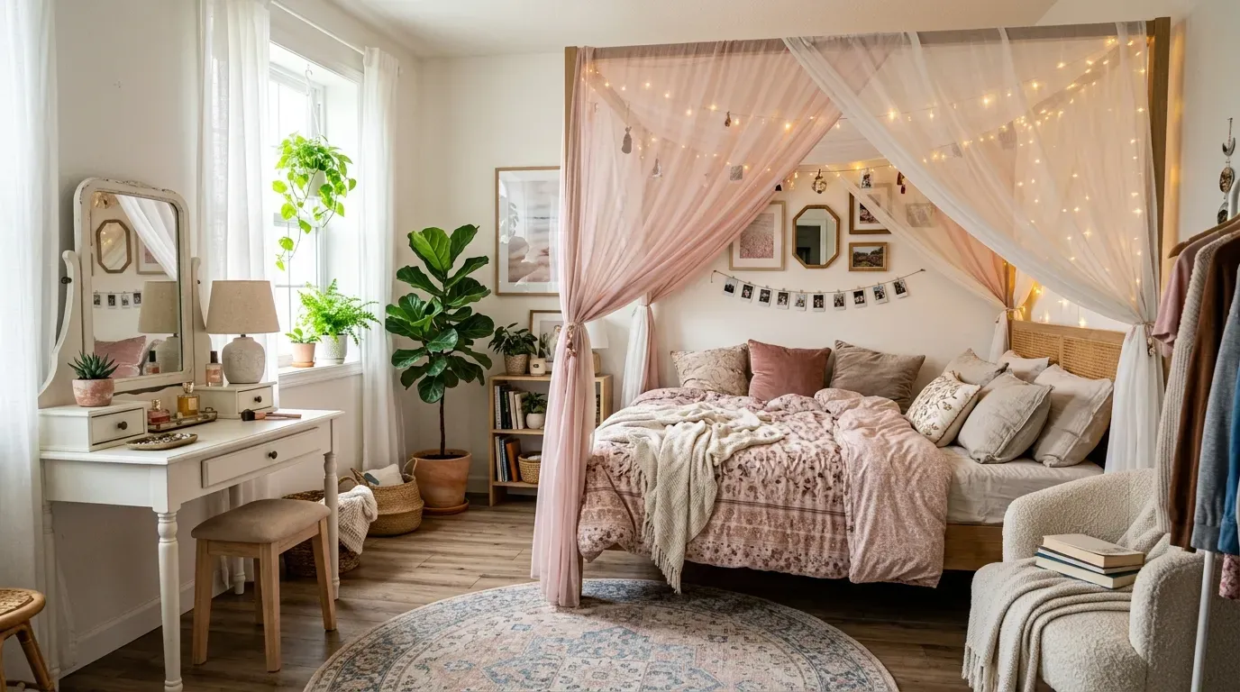Dreamy teen girl bedroom makeover with pastel decor, plants, vanity, and cozy lighting