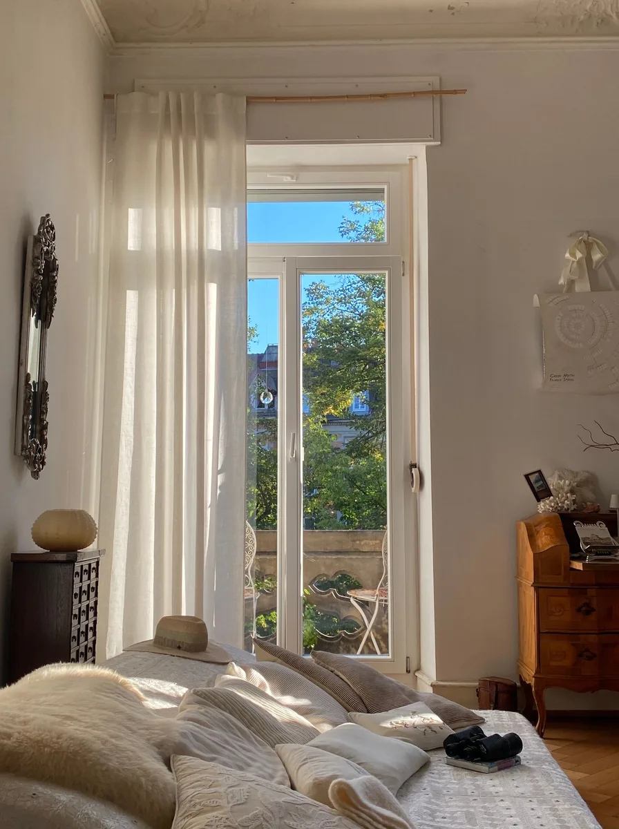 Window view framed like art in tiny apartment