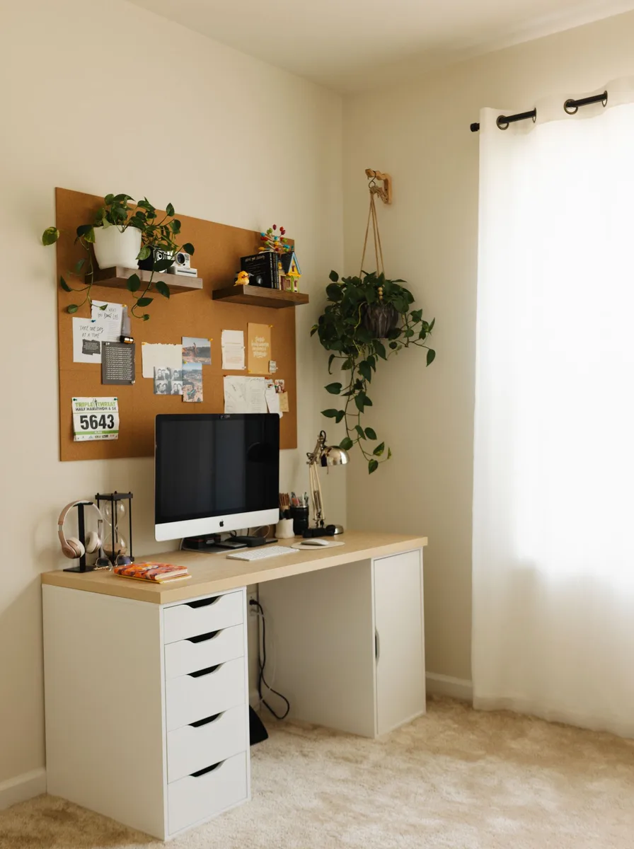 Pegboard with hooks and shelves above desk