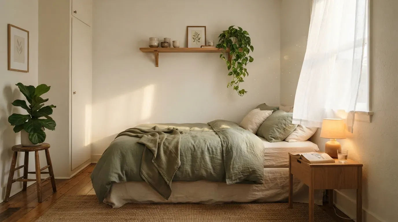 Bright styled tiny bedroom with floating shelves plants and soft neutral tones