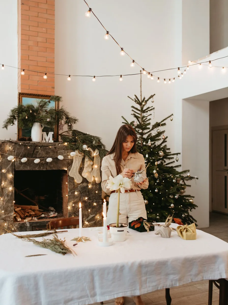 Woman decorating a Christmas tree by a fireplace