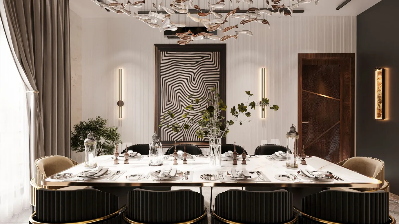 Modern dining table with monochrome place settings and sculptural vase